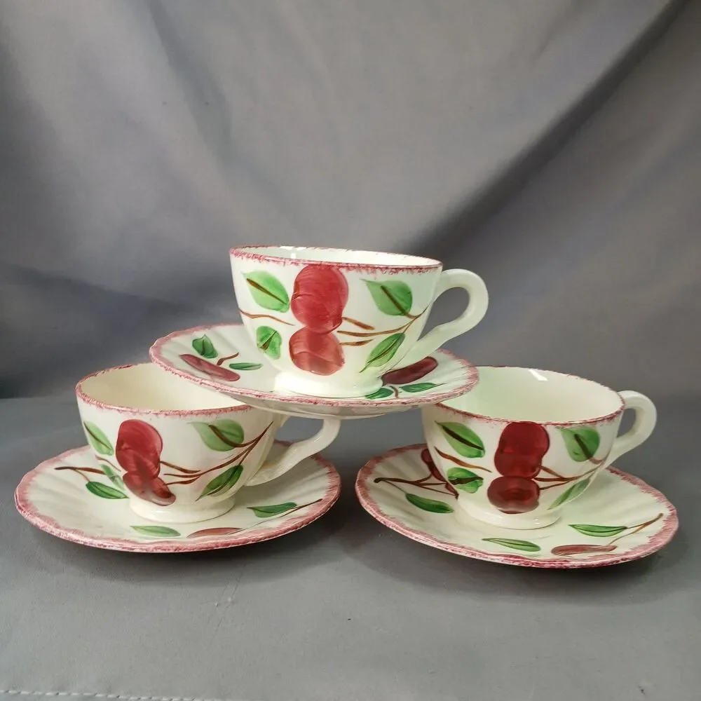 4 Blue Ridge Southern Pottery 3 Cups and Saucer Sets Vintage Crab Apple